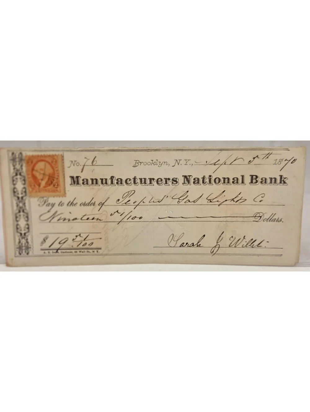 1870 Manufacturers National Bank Brooklyn NY Check Revenue Stamp Antique